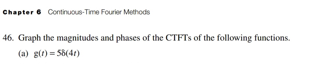 Chapter 6 Continuous-Time Fourier Methods
46. Graph the magnitudes and phases of the CTFTS of the following functions.
(a) g(t) = 58(4t)
