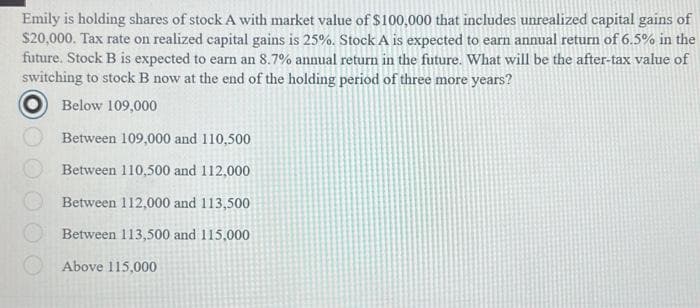 Emily is holding shares of stock A with market value of $100,000 that includes unrealized capital gains of
$20,000. Tax rate on realized capital gains is 25%. Stock A is expected to earn annual return of 6.5% in the
future. Stock B is expected to earn an 8.7% annual return in the future. What will be the after-tax value of
switching to stock B now at the end of the holding period of three more years?
Below 109,000
Between 109,000 and 110,500
Between 110,500 and 112,000
Between 112,000 and 113,500
Between 113,500 and 115,000
Above 115,000