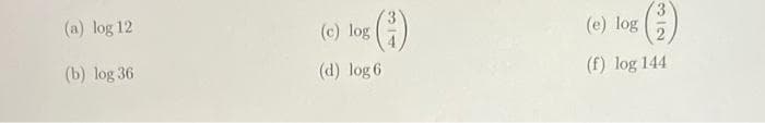 (a) log 12
(b) log 36
(c) log
(1)
(d) log 6
³ (²³)
(e) log
(f) log 144