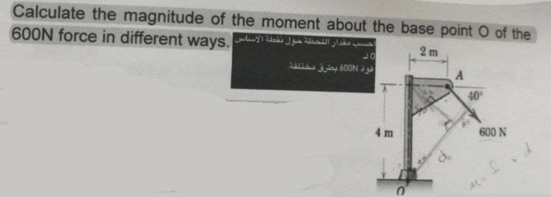 Calculate the magnitude of the moment about the base point O of the
600N force in different ways.yla Ja ilas las
2 m
day 600N
40
4 m
600 N
