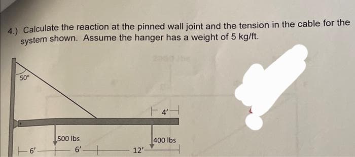 4.) Calculate the reaction at the pinned wall joint and the tension in the cable for the
system shown. Assume the hanger has a weight of 5 kg/ft.
50°
6'-
500 lbs
6'
12'-
F4H
400 lbs