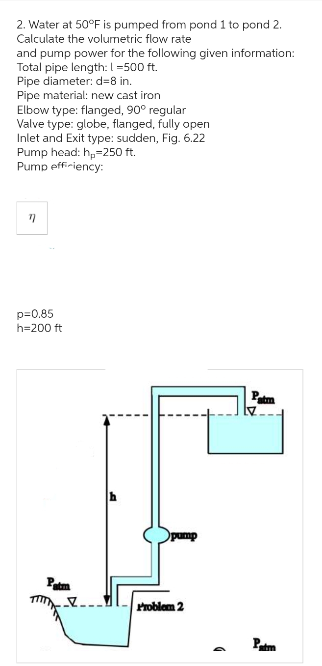 2. Water at 50°F is pumped from pond 1 to pond 2.
Calculate the volumetric flow rate
and pump power for the following given information:
Total pipe length: 1=500 ft.
Pipe diameter: d=8 in.
Pipe material: new cast iron
Elbow type: flanged, 90° regular
Valve type: globe, flanged, fully open
Inlet and Exit type: sudden, Fig. 6.22
Pump head: hp=250 ft.
Pump efficiency:
17
p=0.85
h=200 ft
pump
Problem 2
Patm
Patm