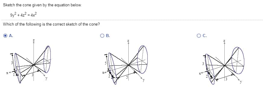 Sketch the cone given by the equation below.
9y² + 4z² = 4x²
Which of the following is the correct sketch of the cone?
A.
O B.
O C.