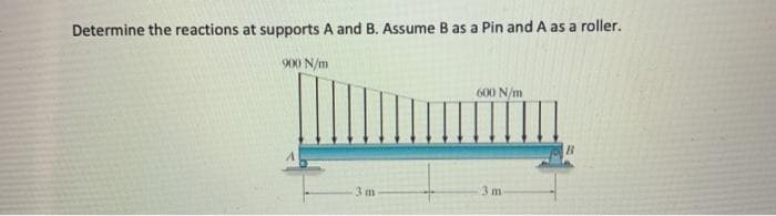 Determine the reactions at supports A and B. Assume B as a Pin and A as a roller.
900 N/m
3 m
600 N/m
3 m
B