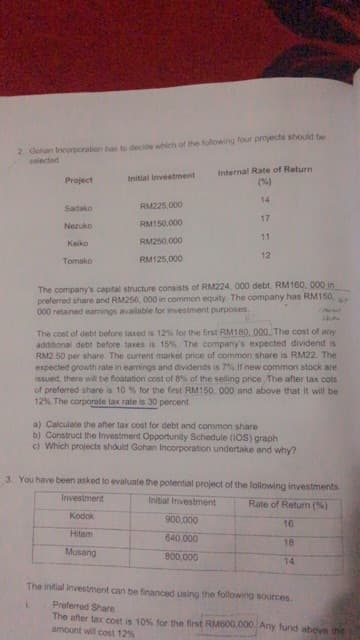 2 Gohan Incorporation has to decide which of the foltowing four projects should be
selected
Internal Rate of Return
Project
Initial Investment
(%)
14
Sadako
RM225.000
17
Nezuko
RM150.000
11
Keiko
RM250,000
12
Tomako
RM125,000
The company's captal structure consists of RM224, 000 debt. RM160. 000 in
preferred share and RM256, 000 in common equity. The company has RM150,
000 retained earnings available for investment purposes.
The cost of debt before taxed is 12% for the first RM180, 000. The cost of any
additional debt before taxes is 15% The company's expected dividend is
RM2.50 per share. The current market price of common share is RM22. The
expected growth rate in eanings and dividends is 7%.if new common stock are
issued, there will be floatation cost of 8% of the selling price. The after tax cots
of preferred share is 10 % for the first RM150, 000 and above that it will be
12%.The corporate tax rate is 30 percent.
a) Calculate the after tax cost for debt and common share
b) Construct the Investment Opportunity Schedule (1OS) graph
c) Which projects should Gohan Incorporation undertake and why?
3. You have been asked to evaluate the potential project of the following investments.
Investment
Initial Investment
Rate of Return (%)
Kodok
900,000
16
Hitam
640.000
18
Musang
800,000
14
The intial investment can be financed using the following sources
Preferred Share
The after tax cost is 10% for the first RM600.000 Any fund above the
amount will cost 12%
