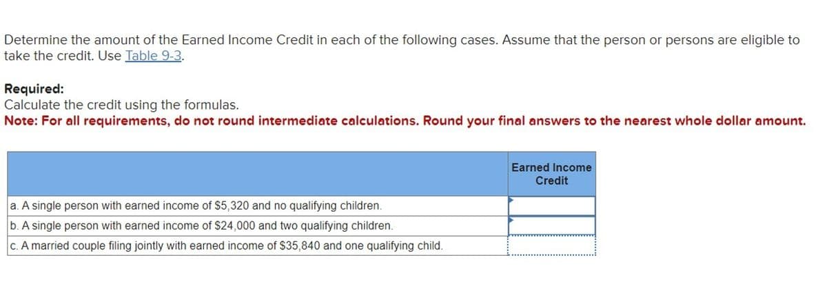 Determine the amount of the Earned Income Credit in each of the following cases. Assume that the person or persons are eligible to
take the credit. Use Table 9-3.
Required:
Calculate the credit using the formulas.
Note: For all requirements, do not round intermediate calculations. Round your final answers to the nearest whole dollar amount.
a. A single person with earned income of $5,320 and no qualifying children.
b. A single person with earned income of $24,000 and two qualifying children.
c. A married couple filing jointly with earned income of $35,840 and one qualifying child.
Earned Income
Credit