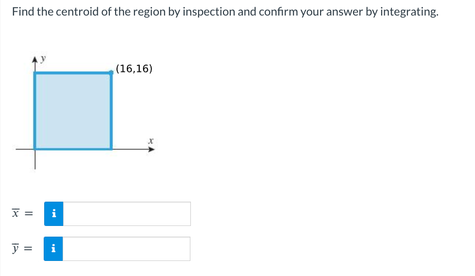 Find the centroid of the region by inspection and confirm your answer by integrating.
X =
y =
i
i
(16,16)