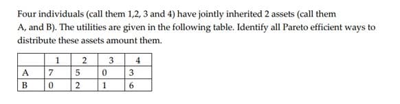 Four individuals (call them 1,2, 3 and 4) have jointly inherited 2 assets (call them
A, and B). The utilities are given in the following table. Identify all Pareto efficient ways to
distribute these assets amount them.
1
2 3
4
7
5
3
В
1
6.
AB
