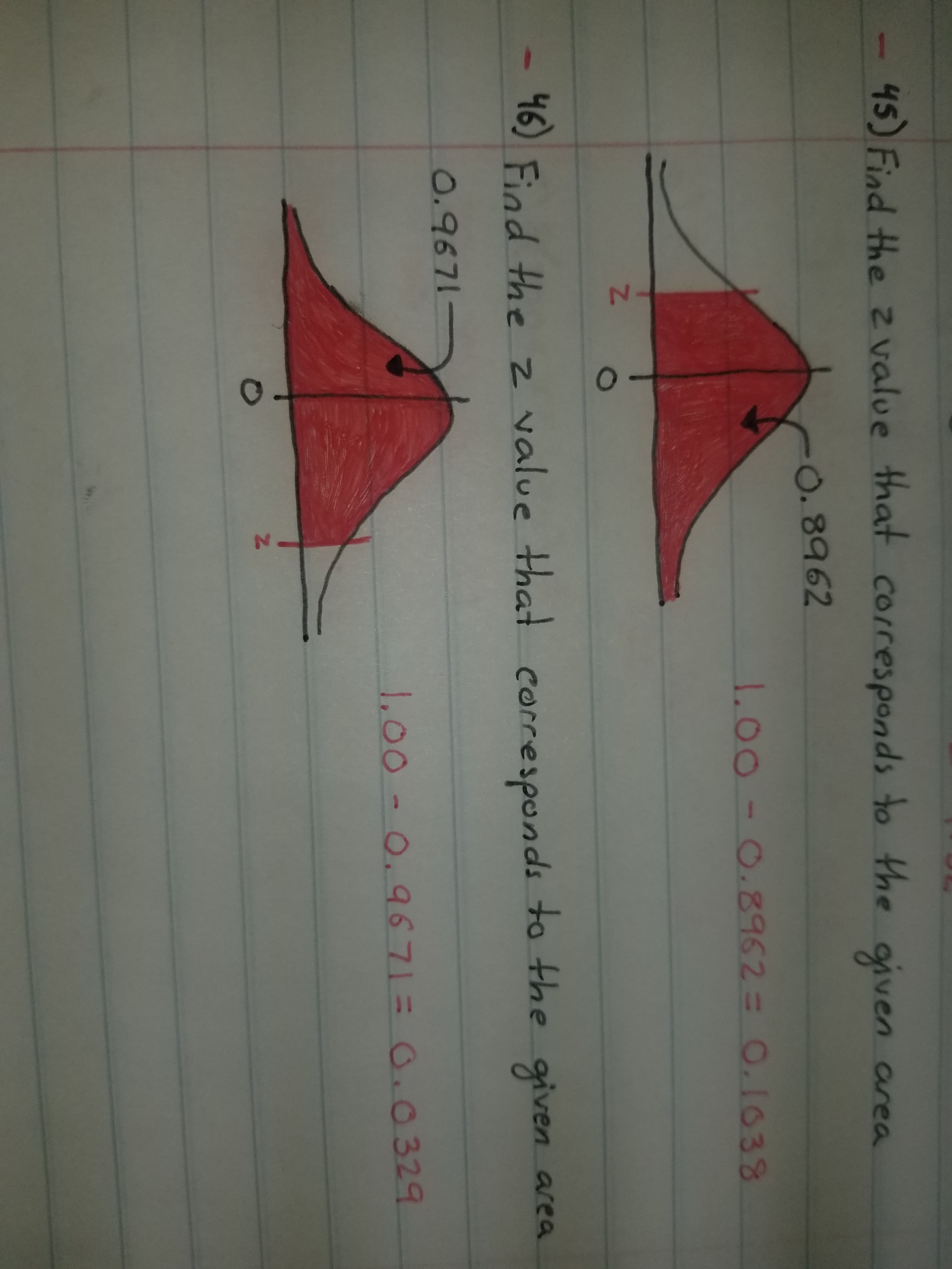 O
45) Find the z valve that corresponds to the given area
O. 8962
I.o0-0.8962= 0.1638
16 Fiad the z value that corresponds to the given area
O.9671-
J,o0-0.9671= 0.0329
