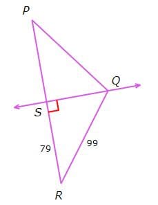 The image depicts a geometric diagram with a triangle PQR, where point S is on line QR. The line PQ extends beyond Q, forming an angle at S.

Key points in the diagram:

- Points are labeled as P, Q, R, and S.
- Line segment PQ is extended in both directions, as indicated by arrows on either end.
- There is a right angle marked at point S between segments PS and RS.
- The segments PR and QR have measurements annotated as 79 and 99 respectively.

This diagram illustrates a right triangle with the perpendicular PS drawn from point P to line QR, forming a right angle at S. The measurements can be used to discuss properties such as triangle similarity, trigonometry applications, or vector analysis in advanced math topics.