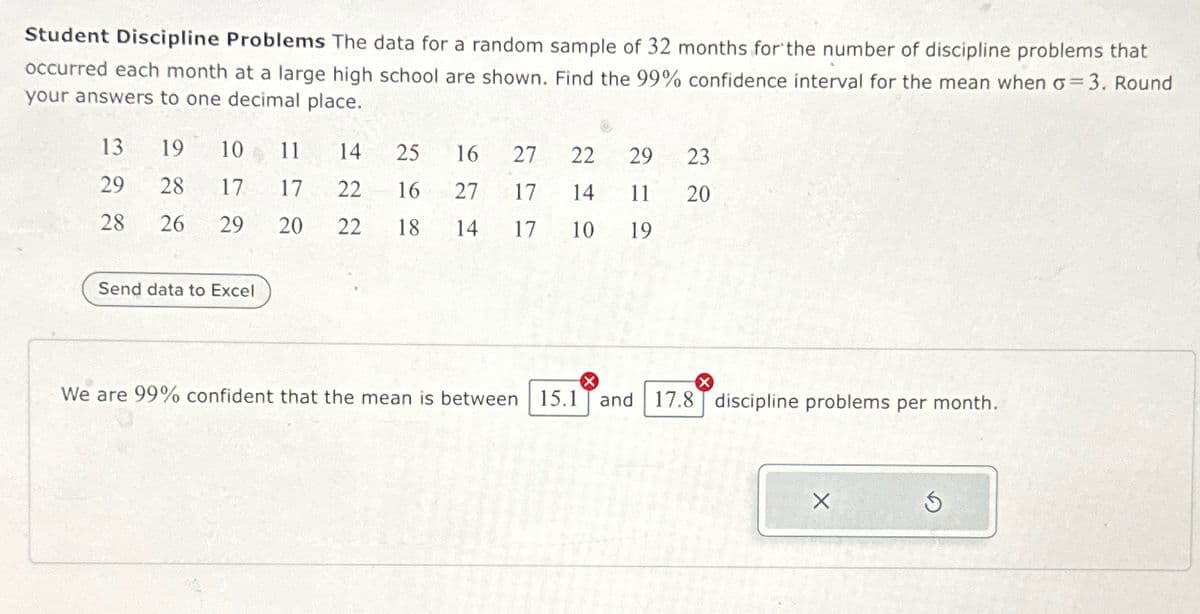 Student Discipline Problems The data for a random sample of 32 months for the number of discipline problems that
occurred each month at a large high school are shown. Find the 99% confidence interval for the mean when σ 3. Round
your answers to one decimal place.
=
13
19
10
11
14
25 16 27 22 29
23
29
28
17
17
22
28
26
29
20
22
18 14
215
16 27 17
14
17
110
11 20
19
22
Send data to Excel
We are 99% confident that the mean is between 15.1 and 17.8 discipline problems per month.