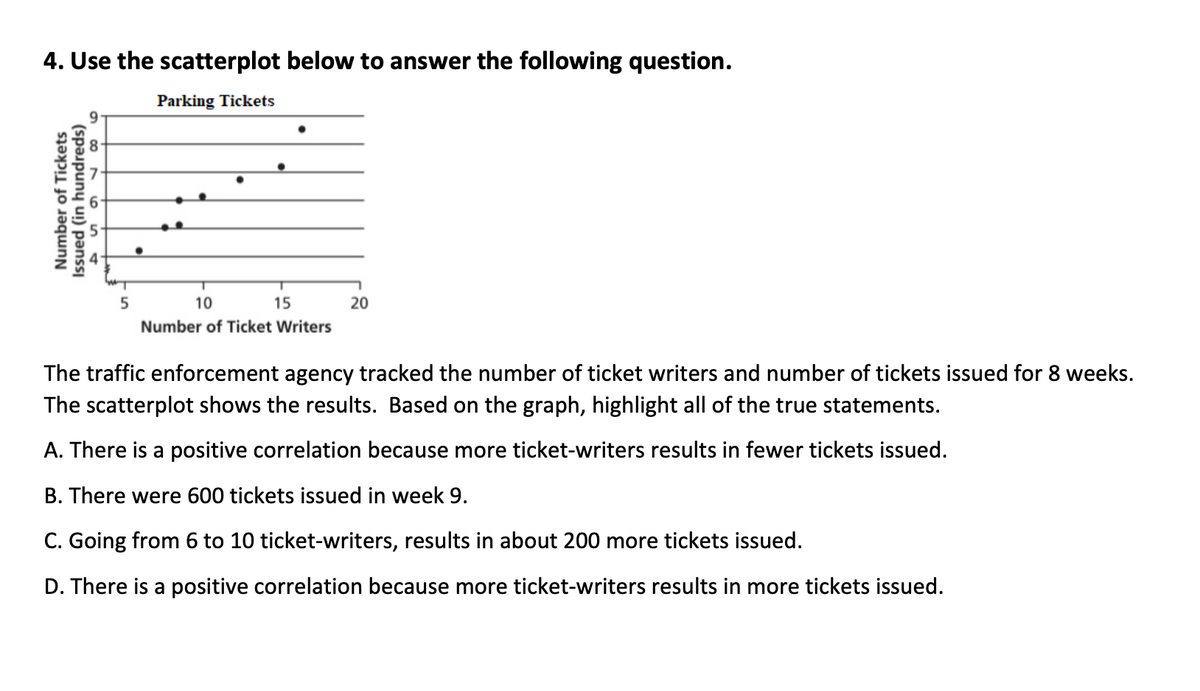 4. Use the scatterplot below to answer the following question.
Parking Tickets
10
15
20
Number of Ticket Writers
The traffic enforcement agency tracked the number of ticket writers and number of tickets issued for 8 weeks.
The scatterplot shows the results. Based on the graph, highlight all of the true statements.
A. There is a positive correlation because more ticket-writers results in fewer tickets issued.
B. There were 600 tickets issued in week 9.
C. Going from 6 to 10 ticket-writers, results in about 200 more tickets issued.
D. There is a positive correlation because more ticket-writers results in more tickets issued.
Number of Tickets
Issued (in hundreds)
