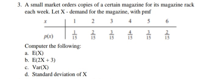 3. A small market orders copies of a certain magazine for its magazine rack
each week. Let X - demand for the magazine, with pmf
1
2
3
5
p(x)
2
15
15
15
15
Computer the following:
а. Е(X)
b. Е(2X + 3)
c. Var(X)
d. Standard deviation of X
4,
