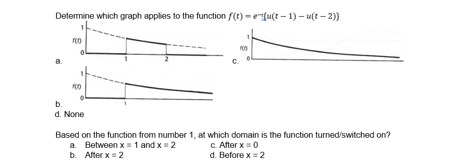 Determine which graph applies to the function f(t) = e-fu(t − 1) — u(t − 2)}
a.
f(t)
0
1
f(t)
0
b.
d. None
1
2
C.
f(t)
0
Based on the function from number 1, at which domain is the function turned/switched on?
Between x = 1 and x = 2
a.
c. After x = 0
b. After x = 2
d. Before x = 2