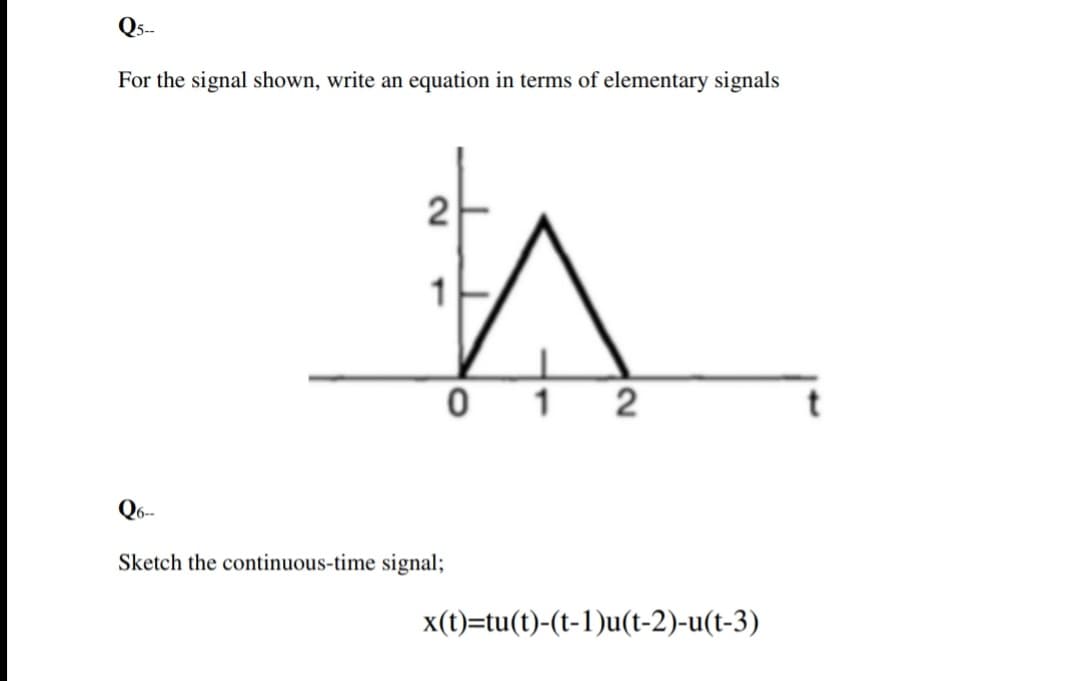 Qs--
For the signal shown, write an equation in terms of elementary signals
1
2
Q6--
Sketch the continuous-time signal;
x(t)=tu(t)-(t-1)u(t-2)-u(t-3)
