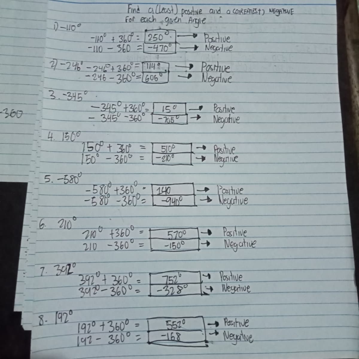 Find aleast) postve and a CGREATEST) NEGAMAVE
For each guen Argle.
* Posrtive.
+ Necetive
-110° + 360 = |250
-110 - 360
=-470°
4-246'-24€7360°= |1148
-246-360°=LG06
Poshue
- Negatlve
3.-345
-345°+360
- Pastive
→ Negotue
150
360
345-360°
-7050
4. 1560
15¢° + 360¢ =
5100
frastue
150°-360°
-2100
%3D
|
5.-580
-580°+360°
• Pouitive
egetive
|140
-580 -360°=
6 210°
200 +360° =
210 -360°
5700
-150
Pasitive
→ Negatiue
%3D
%3D
7. 302
3927 360°=
342-360°=
:上
752°
-3280
M Positive
Wegeriwe
%3D
%3D
8- 192°
192°+360°
Pasitive
5520
-168
%3D
192-360°=
