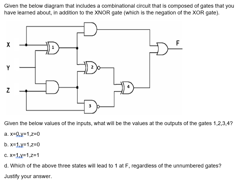 Given the below diagram that includes a combinational circuit that is composed of gates that you
have learned about, in addition to the XNOR gate (which is the negation of the XOR gate).
X
1
Y
3
Given the below values of the inputs, what will be the values at the outputs of the gates 1,2,3,4?
a. x=0,y=1,z=0
b. x=1,y=1,z=0
C. X=1,y=1,z=1
d. Which of the above three states will lead to 1 at F, regardless of the unnumbered gates?
Justify your answer.
4.
