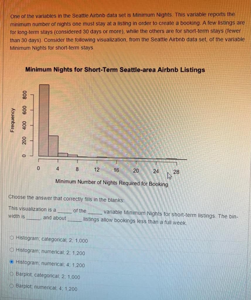 One of the variables in the Seattle Airbnb data set is Minimum Nights. This variable reports the
minimum number of nights one must stay at a listing in order to create a booking. A few listings are
for long-term stays (considered 30 days or more), while the others are for short-term stays (fewer
than 30 days). Consider the following visualization, from the Seattle Airbnb data set, of the variable
Minimum Nights for short-term stays.
Frequency
0
200
400
600 800
Minimum Nights for Short-Term Seattle-area Airbnb Listings
0
4
8
12
16
20
20
24
28
Minimum Number of Nights Required for Booking
Choose the answer that correctly fills in the blanks:
This visualization is a
width is
of the
and about
variable Minimum Nights for short-term listings. The bin-
listings allow bookings less than a full week.
Histogram; categorical; 2; 1,000
Histogram; numerical; 2; 1,200
Histogram; numerical; 4; 1,200
O Barplot, categorical; 2; 1,000
Barplot; numerical: 4; 1,200