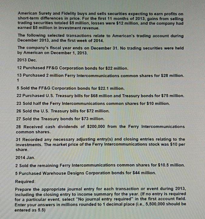 American Surety and Fidelity buys and sells securities expecting to earn profits on
short-term differences in price. For the first 11 months of 2013, gains from selling
trading securities totaled $5 million, losses were $12 million, and the company had
earned $5 million in investment revenue.
The following selected transactions relate to American's trading account during
December 2013, and the first week of 2014.
The company's fiscal year ends on December 31. No trading securities were held
by American on December 1, 2013.
2013 Dec.
12 Purchased FF&G Corporation bonds for $22 million.
13 Purchased 2 million Ferry Intercommunications common shares for $28 million.
1
5 Sold the FF&G Corporation bonds for $22.1 million.
22 Purchased U.S. Treasury bills for $68 million and Treasury bonds for $75 million.
23 Sold half the Ferry Intercommunications common shares for $10 million.
26 Sold the U.S. Treasury bills for $72 million.
27 Sold the Treasury bonds for $73 million.
28 Received cash dividends of $200,000 from the Ferry Intercommunications
common shares.
31 Recorded any necessary adjusting entry(s) and closing entries relating to the
investments. The market price of the Ferry Intercommunications stock was $10 per
share.
2014 Jan.
2 Sold the remaining Ferry Intercommunications common shares for $10.5 million.
5 Purchased Warehouse Designs Corporation bonds for $44 million.
Required:
Prepare the appropriate journal entry for each transaction or event during 2013,
including the closing entry to income summary for the year. (If no entry is required
for a particular event, select "No journal entry required" in the first account field.
Enter your answers in millions rounded to 1 decimal place (i.e., 5,500,000 should be
entered as 5.5)