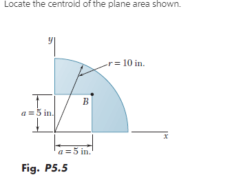 Locate the centroid of the plane area shown.
r= 10 in.
B
a = 5 in.
a = 5 in.
Fig. P5.5
