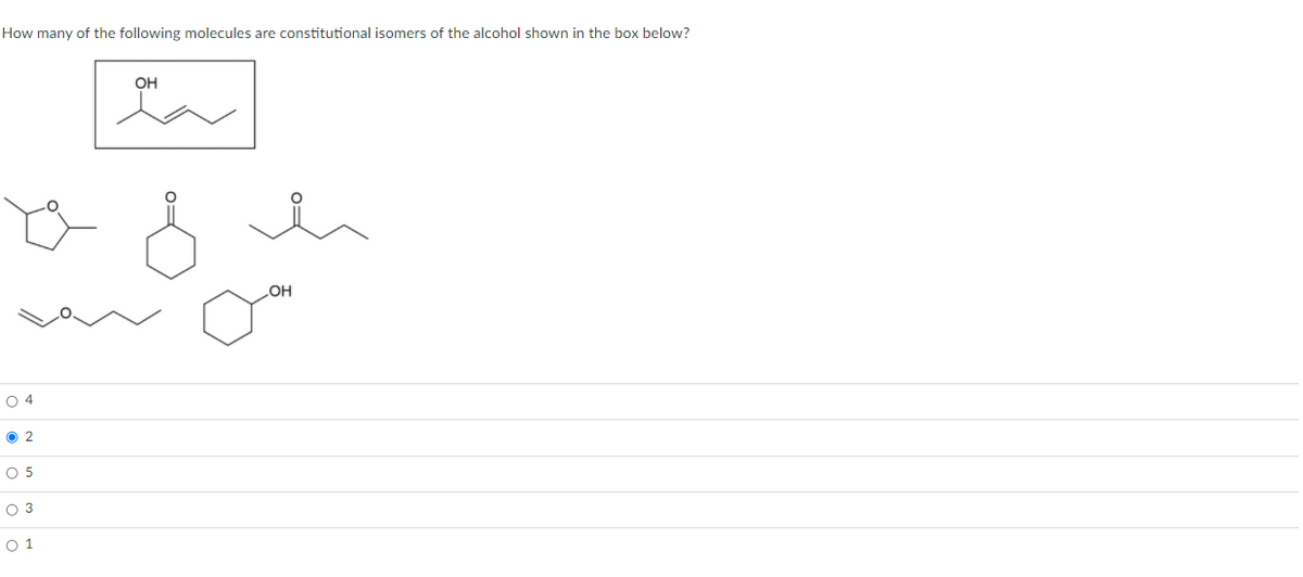 How many of the following molecules are constitutional isomers of the alcohol shown in the box below?
OH
LOH
O 4
O 2
O 5
O 3
O 1
