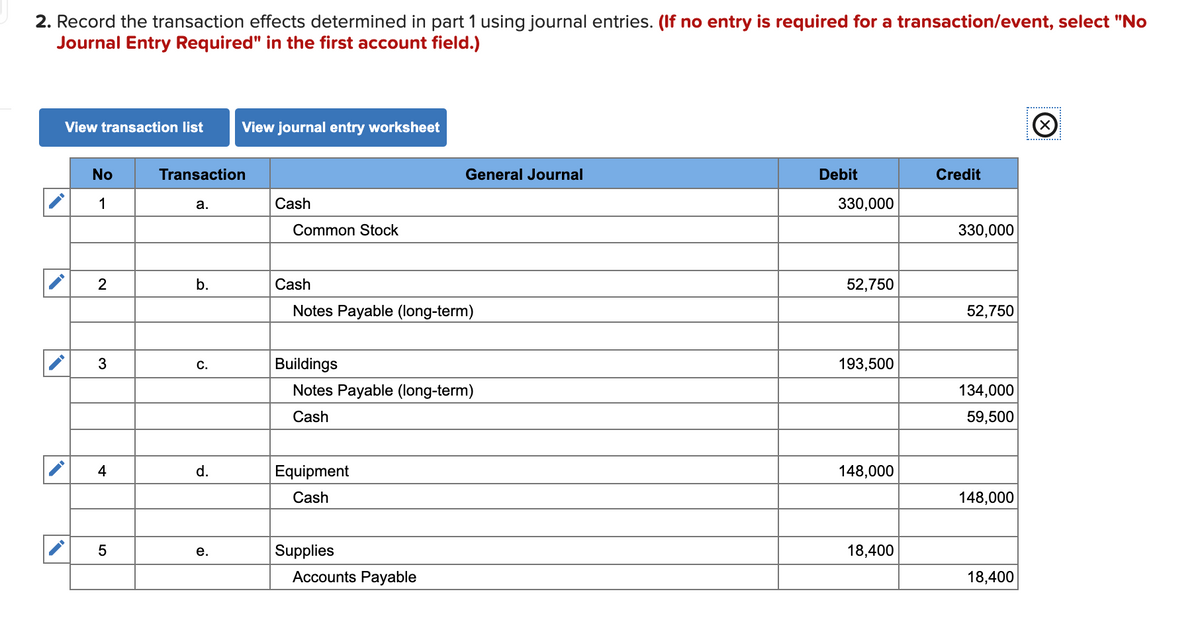 2. Record the transaction effects determined in part 1 using journal entries. (If no entry is required for a transaction/event, select "No
Journal Entry Required" in the first account field.)
View transaction list
View journal entry worksheet
No
Transaction
General Journal
Debit
Credit
1
а.
Cash
330,000
Common Stock
330,000
2
b.
Cash
52,750
Notes Payable (long-term)
52,750
3
C.
Buildings
193,500
Notes Payable (long-term)
134,000
Cash
59,500
4
d.
Equipment
148,000
Cash
148,000
е.
Supplies
18,400
Accounts Payable
18,400
