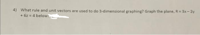 4) What rule and unit vectors are used to do 3-dimensional graphing? Graph the plane, R = 3x - 2y
+ 6z = 4 below: