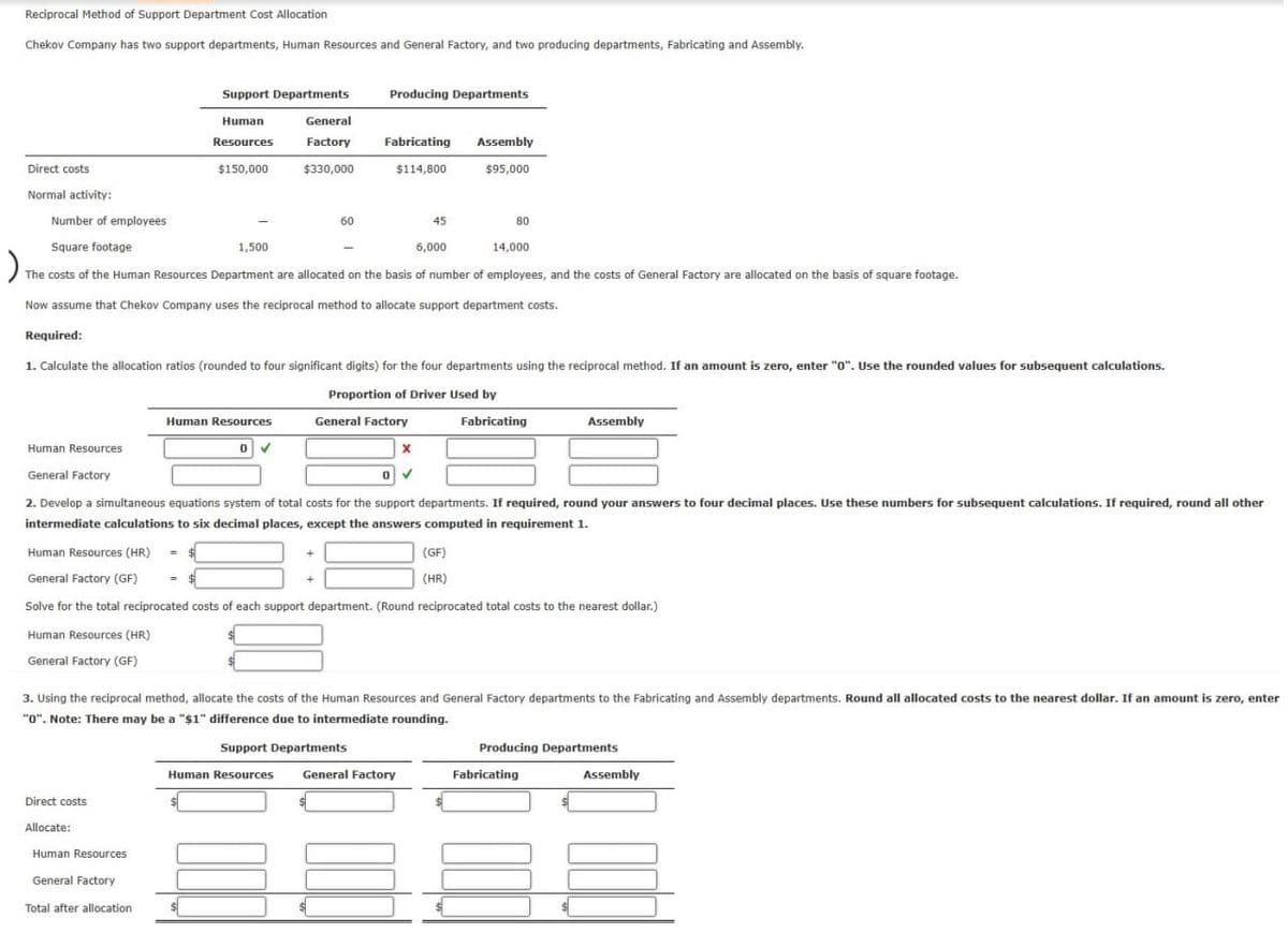 Reciprocal Method of Support Department Cost Allocation
Chekov Company has two support departments, Human Resources and General Factory, and two producing departments, Fabricating and Assembly.
Direct costs
Normal activity:
Required:
Number of employees
Square footage
14,000
The costs of the Human Resources Department are allocated on the basis of number of employees, and the costs of General Factory are allocated on the basis of square footage.
Now assume that Chekov Company uses the reciprocal method to allocate support department costs.
Direct costs
Support Departments
Allocate:
Human Resources
Human
Resources
$150,000
General Factory
Total after allocation
1,500.
Human Resources
=
General
Factory
$330,000
1. Calculate the allocation ratios (rounded to four significant digits) for the four departments using the reciprocal method. If an amount is zero, enter "0". Use the rounded values for subsequent calculations.
Proportion of Driver Used by
$
0
Producing Departments
60
Fabricating Assembly
$114,800
$95,000
Human Resources
General Factory
2. Develop a simultaneous equations system of total costs for the support departments. If required, round your answers to four decimal places. Use these numbers for subsequent calculations. If required, round all other
intermediate calculations to six decimal places, except the answers computed in requirement 1.
+
General Factory
45
Human Resources (HR)
General Factory (GF) =
Solve for the total reciprocated costs of each support department. (Round reciprocated total costs to the nearest dollar.)
Human Resources (HR)
General Factory (GF)
6,000
X
0 ✓
80
(GF)
(HR)
3. Using the reciprocal method, allocate the costs of the Human Resources and General Factory departments to the Fabricating and Assembly departments. Round all allocated costs to the nearest dollar. If an amount is zero, enter
"0". Note: There may be a "$1" difference due to intermediate rounding.
Support Departments
Human Resources General Factory
Fabricating
Assembly
Producing Departments
Fabricating
Assembly
