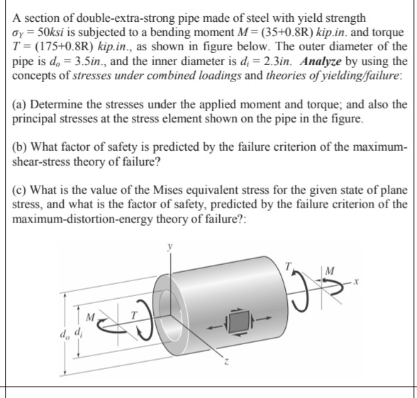 A section of double-extra-strong pipe made of steel with yield strength
Oy = 50ksi is subjected to a bending moment M = (35+0.8R) kip.in. and torque
T = (175+0.8R) kip.in., as shown in figure below. The outer diameter of the
pipe is d, = 3.5in., and the inner diameter is d; = 2.3in. Analyze by using the
concepts of stresses under combined loadings and theories of yielding/failure:
(a) Determine the stresses under the applied moment and torque; and also the
principal stresses at the stress element shown on the pipe in the figure.
(b) What factor of safety is predicted by the failure criterion of the maximum-
shear-stress theory of failure?
(c) What is the value of the Mises equivalent stress for the given state of plane
stress, and what is the factor of safety, predicted by the failure criterion of the
maximum-distortion-energy theory of failure?:
M
d, d;
