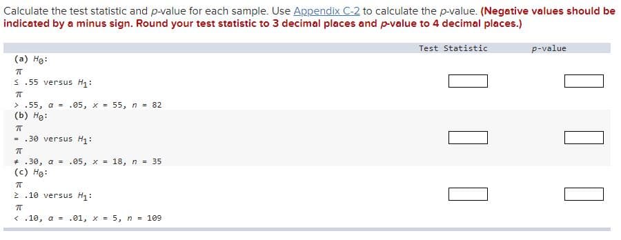 Calculate the test statistic and p-value for each sample. Use Appendix C-2 to calculate the p-value. (Negative values should be
indicated by a minus sign. Round your test statistic to 3 decimal places and p-value to 4 decimal places.)
Test Statistic
p-value
(a) Hg:
< .55 versus H:
> .55, a = .05, x = 55, n = 82
(b) Hg:
= .30 versus H1:
*.30, a = .05, x = 18, n = 35
(c) Hg:
2.10 versus H1:
< .10, a = .01, x = 5, n = 109
