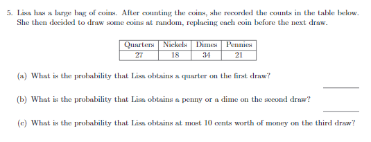 5. Lisa has a large bag of coins. After counting the coins, she recorded the counts in the table below.
She then decided to draw some coins at random, replacing each coin before the next draw.
Quarters Nickels Dimes
27
18
34
Pennies
21
(a) What is the probability that Lisa obtains a quarter on the first draw?
(b) What is the probability that Lisa obtains a penny or a dime on the second draw?
(c) What is the probability that Lisa obtains at most 10 cents worth of money on the third draw?