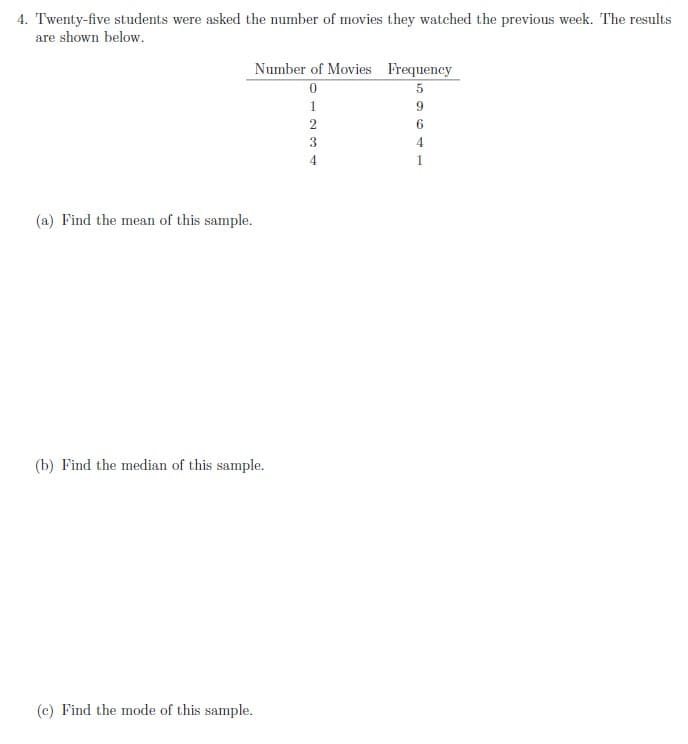 4. Twenty-five students were asked the number of movies they watched the previous week. The results
are shown below.
(a) Find the mean of this sample.
Number of Movies Frequency
5
9
(b) Find the median of this sample.
(e) Find the mode of this sample.
0
1
234
6
4
1