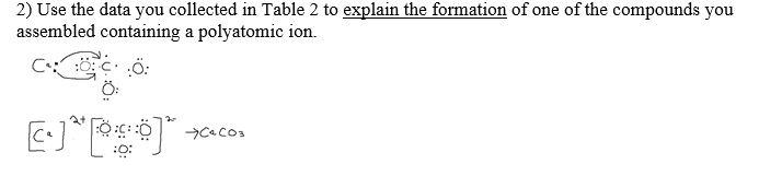 2) Use the data you collected in Table 2 to explain the formation of one of the compounds you
assembled containing a polyatomic ion.
.Ö:
Ö:
[•]*[*]*
*CaCO3