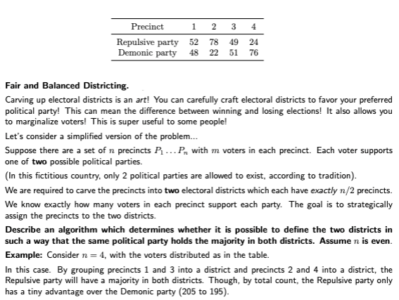 Precinct
1
3
4.
Repulsive party 52
Demonic party 48
78
49
24
22 51 76
Fair and Balanced Districting.
Carving up electoral districts is an art! You can carefully craft electoral districts to favor your preferred
political party! This can mean the difference between winning and losing elections! It also allows you
to marginalize voters! This is super useful to some people!
Let's consider a simplified version of the problem.
Suppose there are a set of n precincts P,..P, with m voters in each precinct. Each voter supports
one of two possible political parties.
(In this fictitious country, only 2 political parties are allowed to exist, according to tradition).
We are required to carve the precincts into two electoral districts which each have exactly n/2 precincts.
We know exactly how many voters in each precinct support each party. The goal is to strategically
assign the precincts to the two districts.
Describe an algorithm which determines whether it is possible to define the two districts in
such a way that the same political party holds the majority in both districts. Assume n is even.
Example: Consider n = 4, with the voters distributed as in the table.
In this case. By grouping precincts 1 and 3 into a district and precincts 2 and 4 into a district, the
Repulsive party will have a majority in both districts. Though, by total count, the Repulsive party only
has a tiny advantage over the Demonic party (205 to 195).
