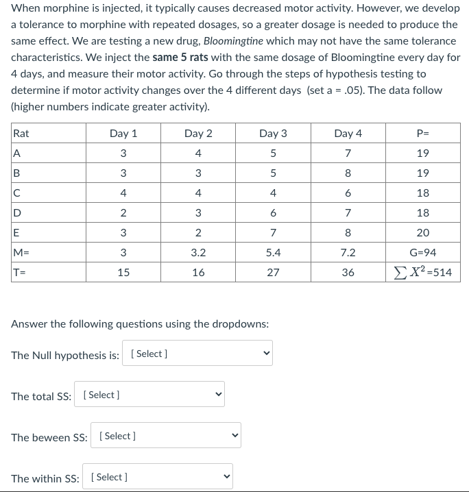 When morphine is injected, it typically causes decreased motor activity. However, we develop
a tolerance to morphine with repeated dosages, so a greater dosage is needed to produce the
same effect. We are testing a new drug, Bloomingtine which may not have the same tolerance
characteristics. We inject the same 5 rats with the same dosage of Bloomingtine every day for
4 days, and measure their motor activity. Go through the steps of hypothesis testing to
determine if motor activity changes over the 4 different days (set a = .05). The data follow
(higher numbers indicate greater activity).
Rat
A
B
C
D
E
M=
T=
Day 1
3
3
4
2
3
3
15
The total SS: [Select]
Answer the following questions using the dropdowns:
The Null hypothesis is: [Select]
The beween SS: [Select]
Day 2
4
3
4
3
2
3.2
16
The within SS: [Select]
Day 3
5
5
4
6
7
5.4
27
Day 4
7
8
6
7
8
7.2
36
P=
19
19
18
18
20
G=94
ΣΧ2 =514