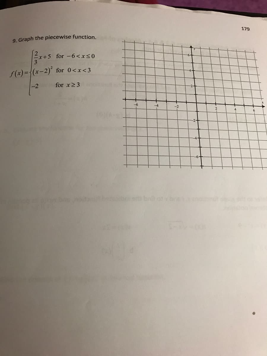 179
9. Graph the piecewise function.
Ex+5 for -6<x<0
S(x)={(x-2)* for 0<x<3
-2
for x23
-6
-4
-2
6.
