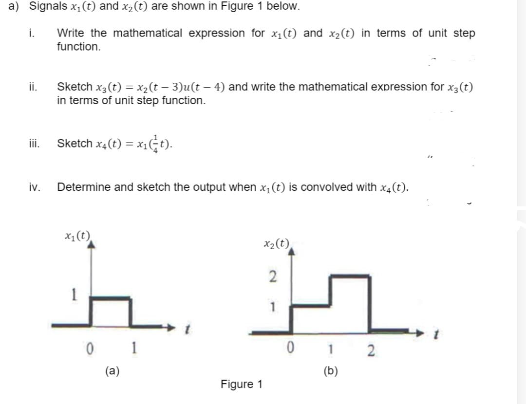 a) Signals x1(t) and x2(t) are shown in Figure 1 below.
Write the mathematical expression for x1(t) and x2(t) in terms of unit step
function.
i.
ii.
Sketch x3 (t) = x2(t – 3)u(t – 4) and write the mathematical expression for x3(t)
in terms of unit step function.
iii.
Sketch x4(t) = x1t).
iv.
Determine and sketch the output when x, (t) is convolved with x4(t).
x1(t)
x2(t)
1
0 1 2
(a)
(b)
Figure 1
