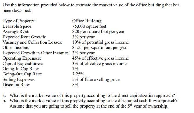 Use the information provided below to estimate the market value of the office building that has
been described.
Type of Property:
Leasable Space:
Average Rent:
Expected Rent Growth:
Vacancy and Collection Losses:
Other Income:
Expected Growth in Other Income:
Operating Expenses:
Capital Expenditures:
Going-In Cap Rate:
Going-Out Cap Rate:
Selling Expenses:
Discount Rate:
Office Building
75,000 square feet
$20 per square foot per year
3% per year
10% of potential gross income
$1.25 per square foot per year
3% per year
45% of effective gross income
3% of effective gross income
7%
7.25%
5% of future selling price
8%
a. What is the market value of this property according to the direct capitalization approach?
b. What is the market value of this property according to the discounted cash flow approach?
Assume that you are going to sell the property at the end of the 5th year of ownership.