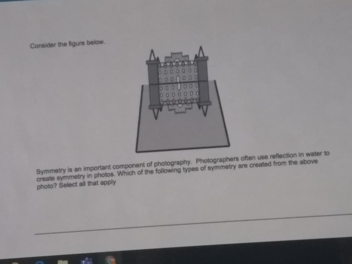 Consider the figure below.
00000
00n0 00
000
00
00000
Symmetry is an important component of photography. Photographers often use reflection in water to
create symmetry in photos. Which of the following types of symmetry are created from the above
photo? Select all that apply
