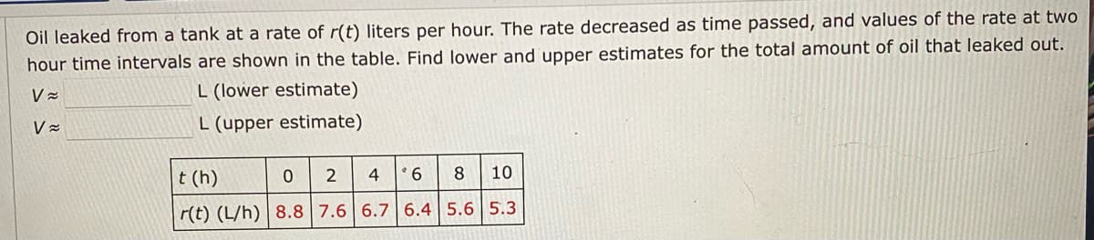 Oil leaked from a tank at a rate of r(t) liters per hour. The rate decreased as time passed, and values of the rate at two
hour time intervals are shown in the table. Find lower and upper estimates for the total amount of oil that leaked out.
L (lower estimate)
L (upper estimate)
t (h)
2
4
8
10
r(t) (L/h) | 8.8 7.6 6.7 6.4 5.6 5.3
