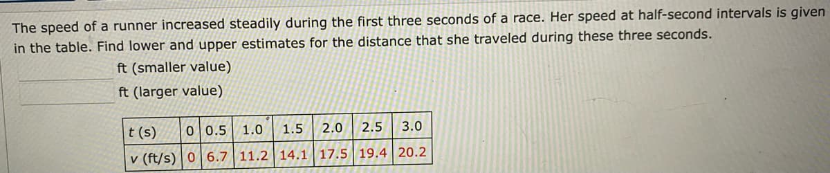 The speed of a runner increased steadily during the first three seconds of a race. Her speed at half-second intervals is given
in the table. Find lower and upper estimates for the distance that she traveled during these three seconds.
ft (smaller value)
ft (larger value)
t (s)
0 0.5
1.0
1.5
2.0
2.5
3.0
v (ft/s) | 0 |6.7 | 11.2 | 14.1| 17.5 | 19.4 | 20.2
