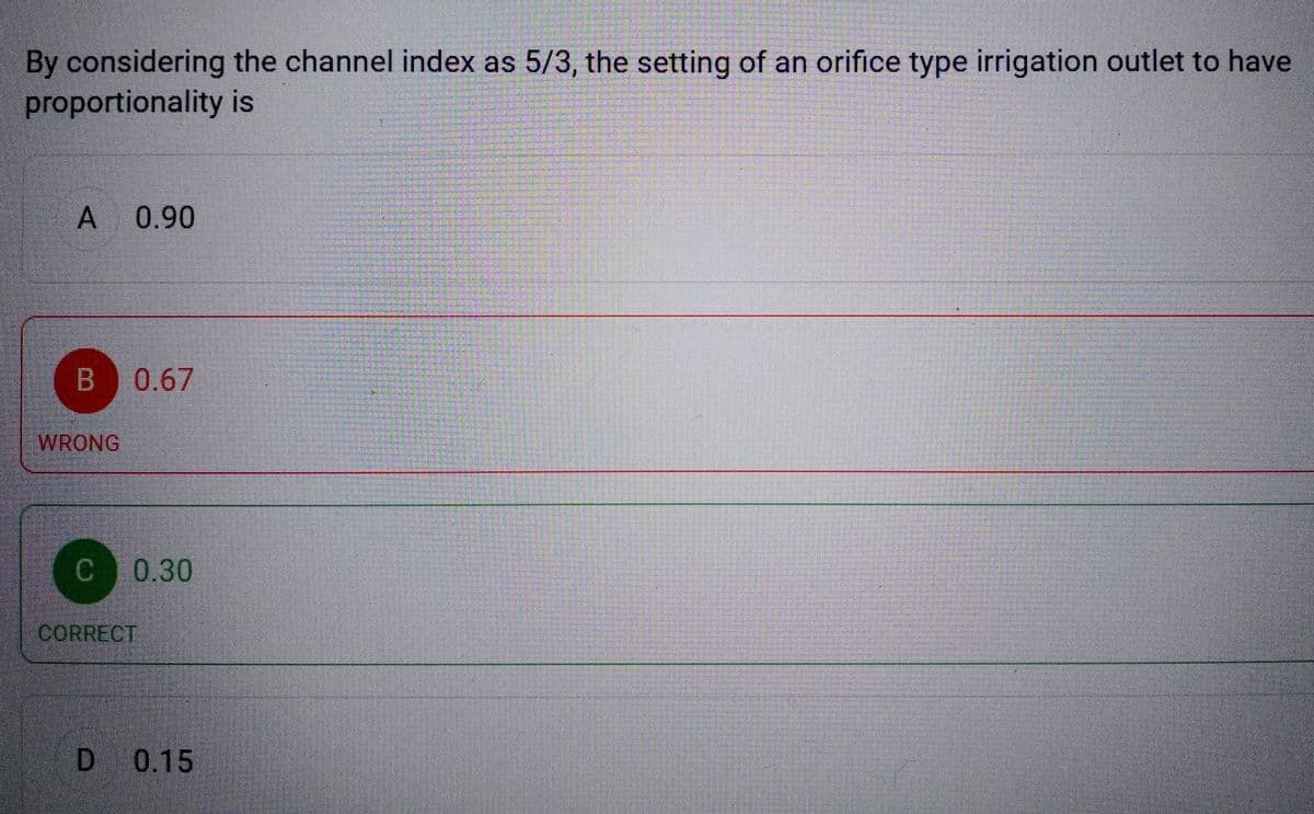 By considering the channel index as 5/3, the setting of an orifice type irrigation outlet to have
proportionality is
A 0.90
B 0.67
WRONG
с 1 0.30
C
CORRECT
D 0.15