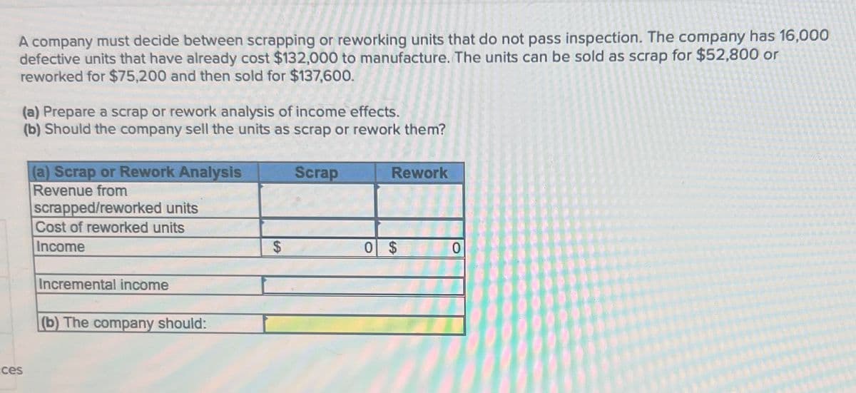 A company must decide between scrapping or reworking units that do not pass inspection. The company has 16,000
defective units that have already cost $132,000 to manufacture. The units can be sold as scrap for $52,800 or
reworked for $75,200 and then sold for $137,600.
(a) Prepare a scrap or rework analysis of income effects.
(b) Should the company sell the units as scrap or rework them?
(a) Scrap or Rework Analysis
Revenue from
scrapped/reworked units
Scrap
Rework
ces
Cost of reworked units
Income
Incremental income
(b) The company should:
$
0 $
0