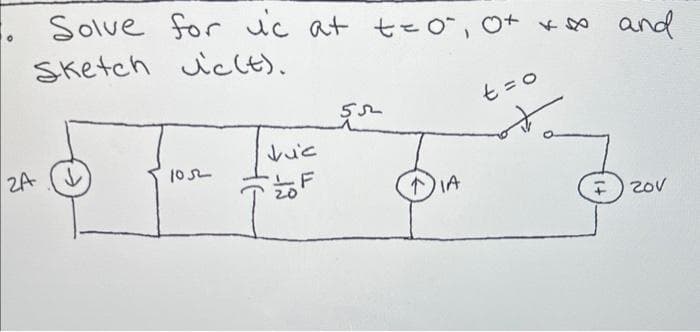 Solve for ic at t=0, 0+ ** and
Sketch Jc (t).
2A
1052
Juc
FOF
مد
↑IA
t=0
+20V