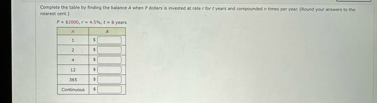 Complete the table by finding the balance A when P dollars is invested at rater for t years and compounded n times per year. (Round your answers to the
nearest cent.)
P = $2000, r = 4.5%, t = 8 years
A
n
1
2
4
12
365
Continuous
$
$
$
$
$
$