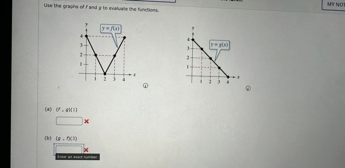 Use the graphs of f and g to evaluate the functions.
(a) (f.g)(1)
(b) (g. f)(3)
4
3
2
y
X
Enter an exact number.
y = f(x)
2 3
4
X
y
4
y = g(x)
3
X
2
1
1 2 3 4
1
X
MY NOT