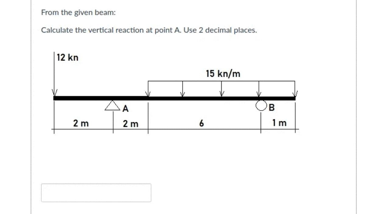 From the given beam:
Calculate the vertical reaction at point A. Use 2 decimal places.
| 12 kn
15 kn/m
A
2 m
2 m
6
1 m
