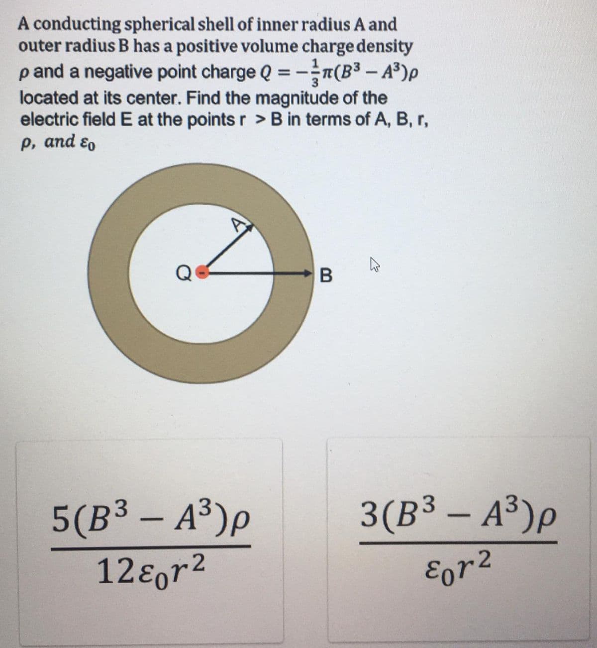 A conducting spherical shell of inner radius A and
outer radius B has a positive volume charge density
and a negative point charge Q = -(B3 – A³)P
located at its center. Find the magnitude of the
electric field E at the points r > B in terms of A, B, r,
р, аnd €o
Q
В
5(ВЗ — АЗ)р
12ɛor2
3(B³ – A³)p
Eor2
