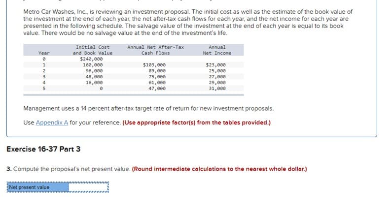 Metro Car Washes, Inc., is reviewing an investment proposal. The initial cost as well as the estimate of the book value of
the investment at the end of each year, the net after-tax cash flows for each year, and the net income for each year are
presented in the following schedule. The salvage value of the investment at the end of each year is equal to its book
value. There would be no salvage value at the end of the investment's life.
Year
0
1244HO
3
5
Initial Cost
and Book Value
$240,000
160,000
96,000
48,000
16,000
Exercise 16-37 Part 3
Net present value
Annual Net After-Tax
Cash Flows
$103,000
89,000
75,000
61,000
47,000
Annual
Net Income
Management uses a 14 percent after-tax target rate of return for new investment proposals.
Use Appendix A for your reference. (Use appropriate factor(s) from the tables provided.)
$23,000
25,000
27,000
29,000
31,000
3. Compute the proposal's net present value. (Round intermediate calculations to the nearest whole dollar.)