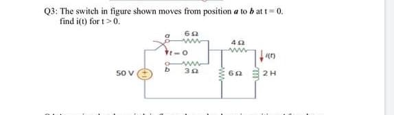 Q3: The switch in figure shown moves from position a to b at t= 0.
find i(t) for t>0.
b
50 V
6A 3 2H
